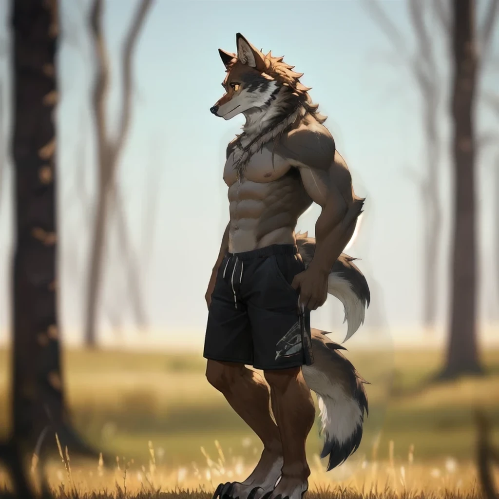 furry,male,anthropology(Prairie wolf),high quality,Correct structure,Brown fur,masterpiece,Depth of Field,Standing,black shorts,Full body portrait,strong,Topless,scar,Big furry tail