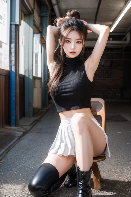 (Very detailed, Underground carpark, E Cup, sexy, Delicate face,Thighs、over-the-knee socks、From below、Slender,Knee-high,Pleated skirt、胸のvalley、valley、Professional Photographer,4K,Japanese、Beauty、Beauty,Japanese、Cinematic light、Race Queen、Knee-high boots、Realistic、Black racing queen costume、Knee-highブーツ、Bun Wave Hair、arms behind head、sit on a chair with one's legs crossed、