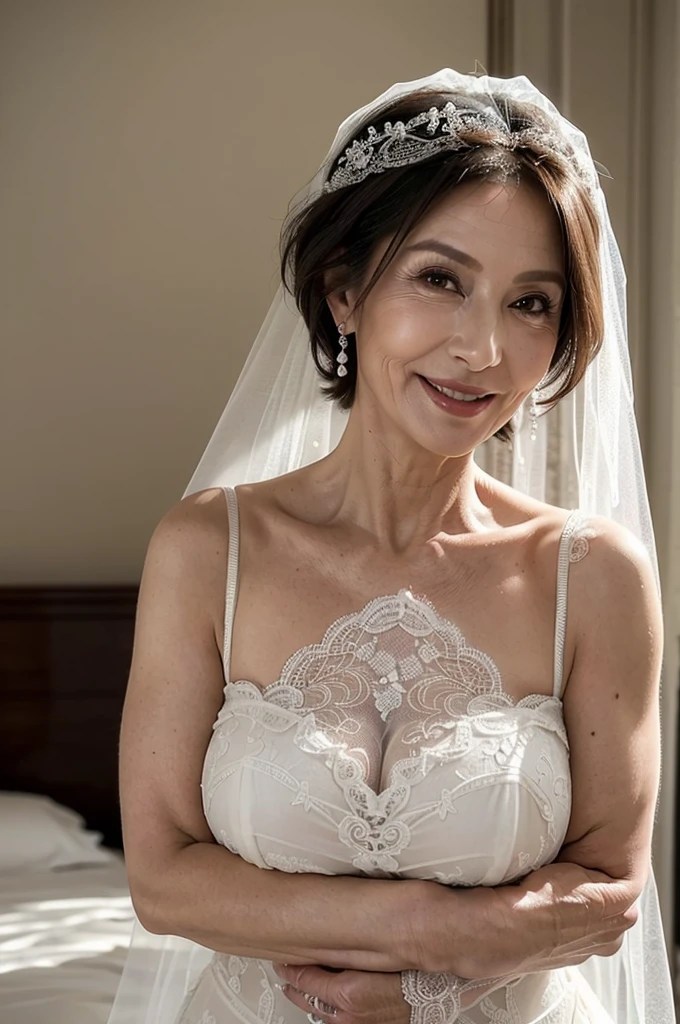 (masterpiece:1.4),(67-year-old woman:1.5), beautiful Mature Woman, (facial wrinkles : 1.2), smile, (short hair : 1.1), (white wedding dress), (partially see-through dress), wedding veil, lace fabric, (large saggy breasts), (wide sturdy shoulder), (plump upper arms), pores, dull skin, skin blemishes, fleckled skin, luxury hotel room, detailed background