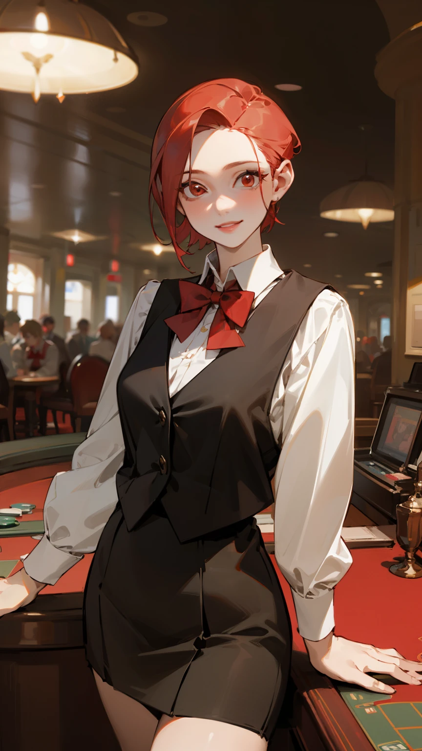 (masterpiece, best quality, super detailed, beautiful details eyes, Clean and delicate face), solo, 1 girl, Red slicked back short hair, red eyes, smile, lips apart, casino croupier, casino uniform, white long sleeve shirt ,red vest, red bowtie, black Skirt, thigh