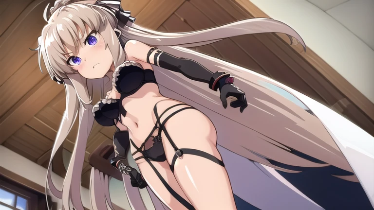 indoor, Arena, bare shoulders, black bustier, black stockings, black g-string, black high heels, Black garter belt, black elbow gloves, female standing, from below,  femdom,  dominatrix,  looking down at viewer, angry,
 One girl,  Long Hair, Purple eyes,  chest, View your viewers,  Ahoge,  zettai ryouiki,  very Long Hair, Clenched hands,  medium chest, ribbon, blush, hair ribbon, ponytail,  bangs, 
