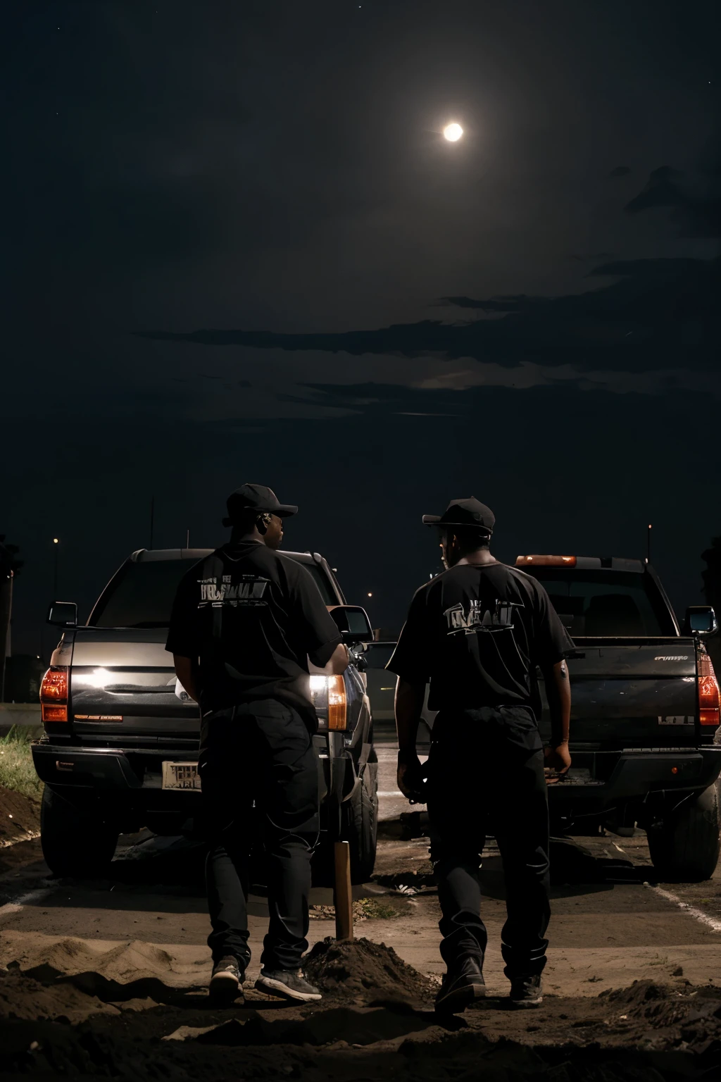 Two black men load coal into a black truck with shovels at night, It&#39;s raining. Faces are clearly visible,a meteorite falls in the sky 