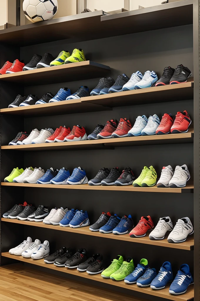 Shelves full of soccer uniforms and soccer accessories and soccer shoes for men and women