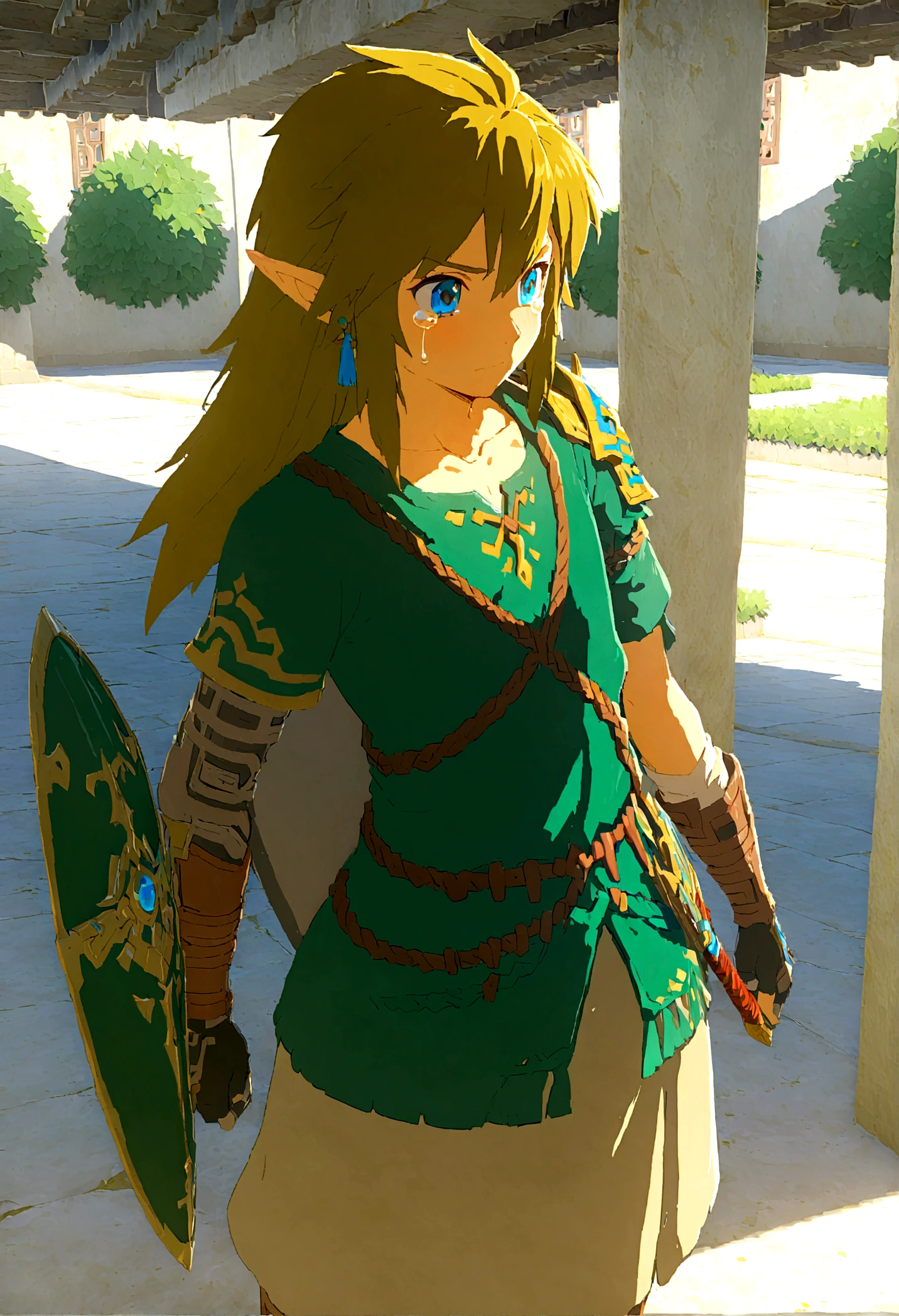 LInk from Zelda tears of the Kingdom holding his sword and shield, standing in a Chinese college campus