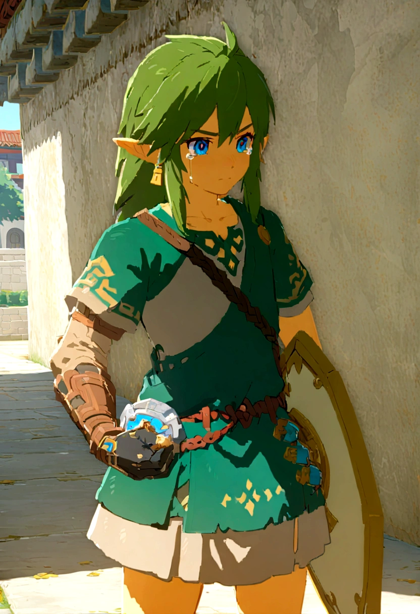 LInk from Zelda tears of the Kingdom holding his sword and shield, standing in a Chinese college campus