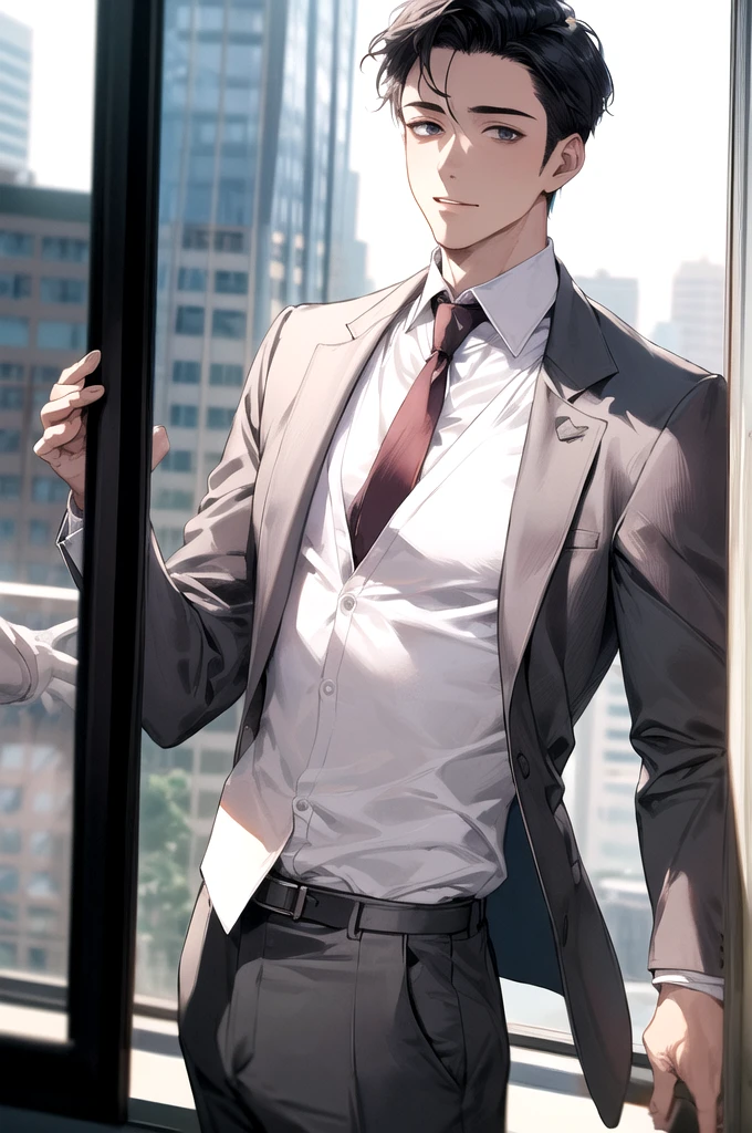 1boy, face focus, adult, business suit, jacket, white shirt, necktie, pants, best quality, hires, detailed face, office, buildings from window, detailed background, diffused sunlight, depth of field, bokeh