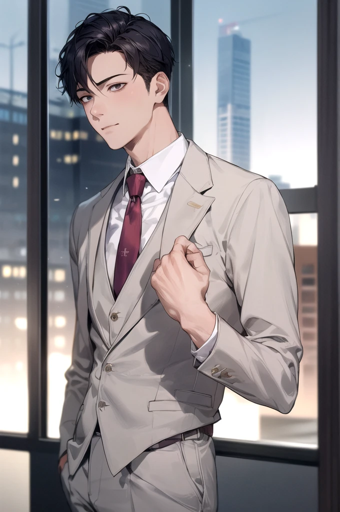 1boy, face focus, adult, business suit, jacket, white shirt, necktie, pants, best quality, hires, detailed face, office, buildings from window, detailed background, diffused sunlight, depth of field, bokeh