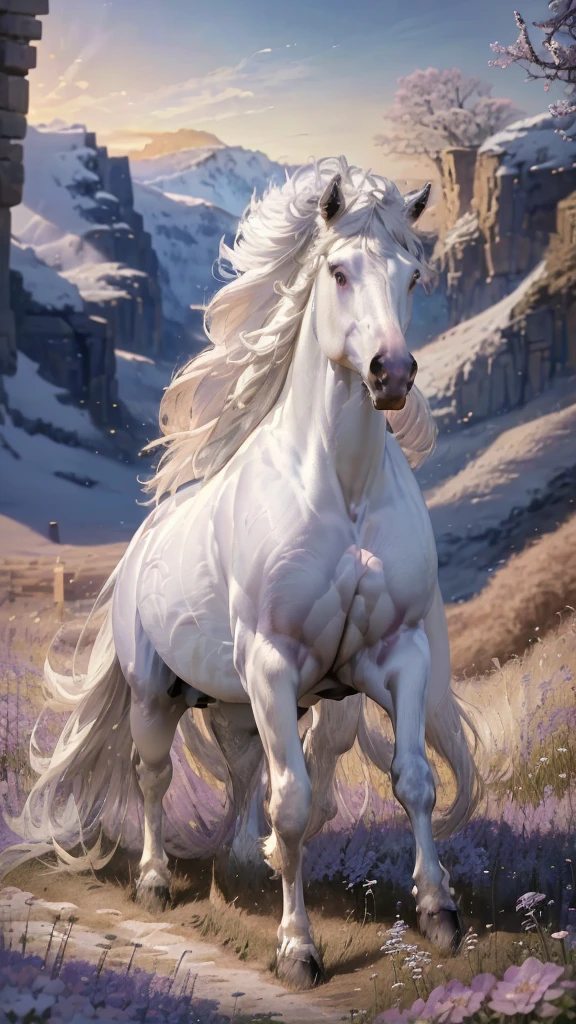 1 slender majestic unicorn, resting in a valley, beautiful flowers are blooming in the sunshine,
(masterpiece), perfect anatomy, intricate, (highly detailed), masterpiece, photorealistic, perfect anatomy, cinematic lighting, shading, super detailed fur, (pink eyes), beautiful detailed eyes, best quality, ultra-detailed, (illustration), ultra-detailed, (extremely delicate eyes:1.3), detailed armour, (vibrant colours), (extremely detailed armour:1.1), (white iridescence fur), (long manes), (flowing manes). (extremely detailed design), fantasy theme, aesthetic, (mystical landscape), (outdoors background), dynamic pose, vibrant colour, shadow, contrast, perspective, depth, good anatomy, stunning details, sparkles, glitter.