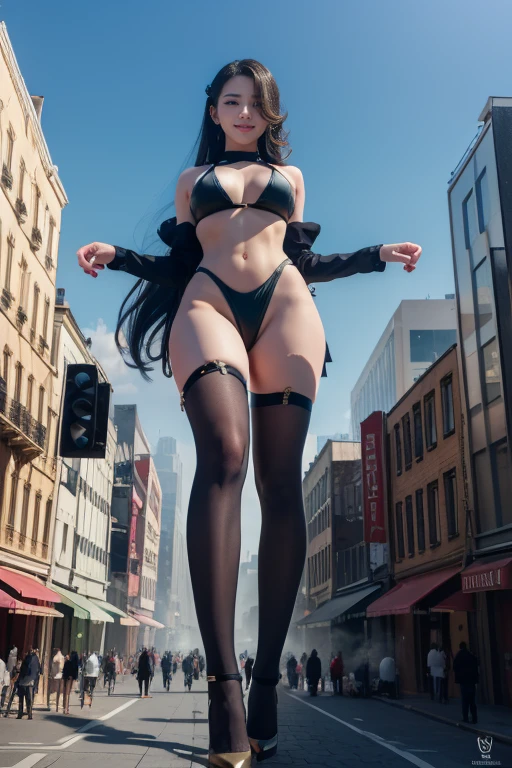 Ground View,tiny city,mega giant girl 500 feet high,skyscrapers,Have a pair of ultra long legs,stepping in the crowd,many people in street,a pair of huge breasts,Princess,bikini,black silk socks,Has black waist-length hair,high heel,A look of enjoyment,standing on a ruins,Beautiful appearance,Exquisite makeup,quality,8k,高quality,Perfect proportion, Cinema lighting,film grain,Fuji colors,8k,textured skin,Super details,high detail,high quality,high resolution,explode,fake smile,realistic face