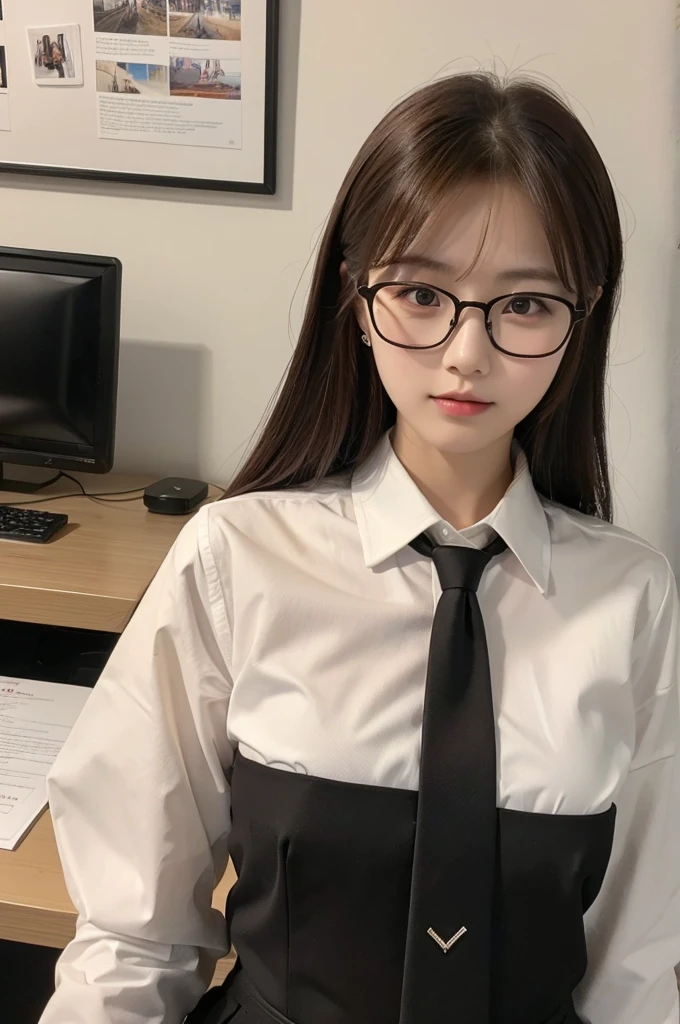 1girl, masterpiece, high_quality, office_uniform, glasses, brown_hair, white_shirt, black_necktie, cowboy_shot