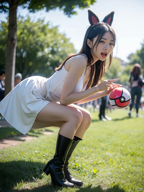 A determined cute woman pokemon trainer, tosses out her pokeball summoning a confused naked woman in pokemon boots and ears, crowded park in daytime. The trainer yells 'Milafachu! I choose you!' in a chat bubble