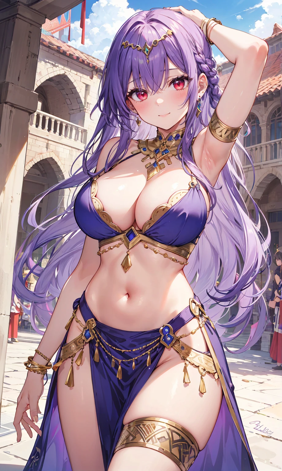 high quality, ultra detailed, best quality, insanely detailed, beautiful, masterpiece, 1girl, medieval plaza, cowboy shot, red eyes, long hair, purple hair, belly dancer, circlet, earrings, armlets, bracelets, bashful smile, large breasts, cleavage, soft stomach