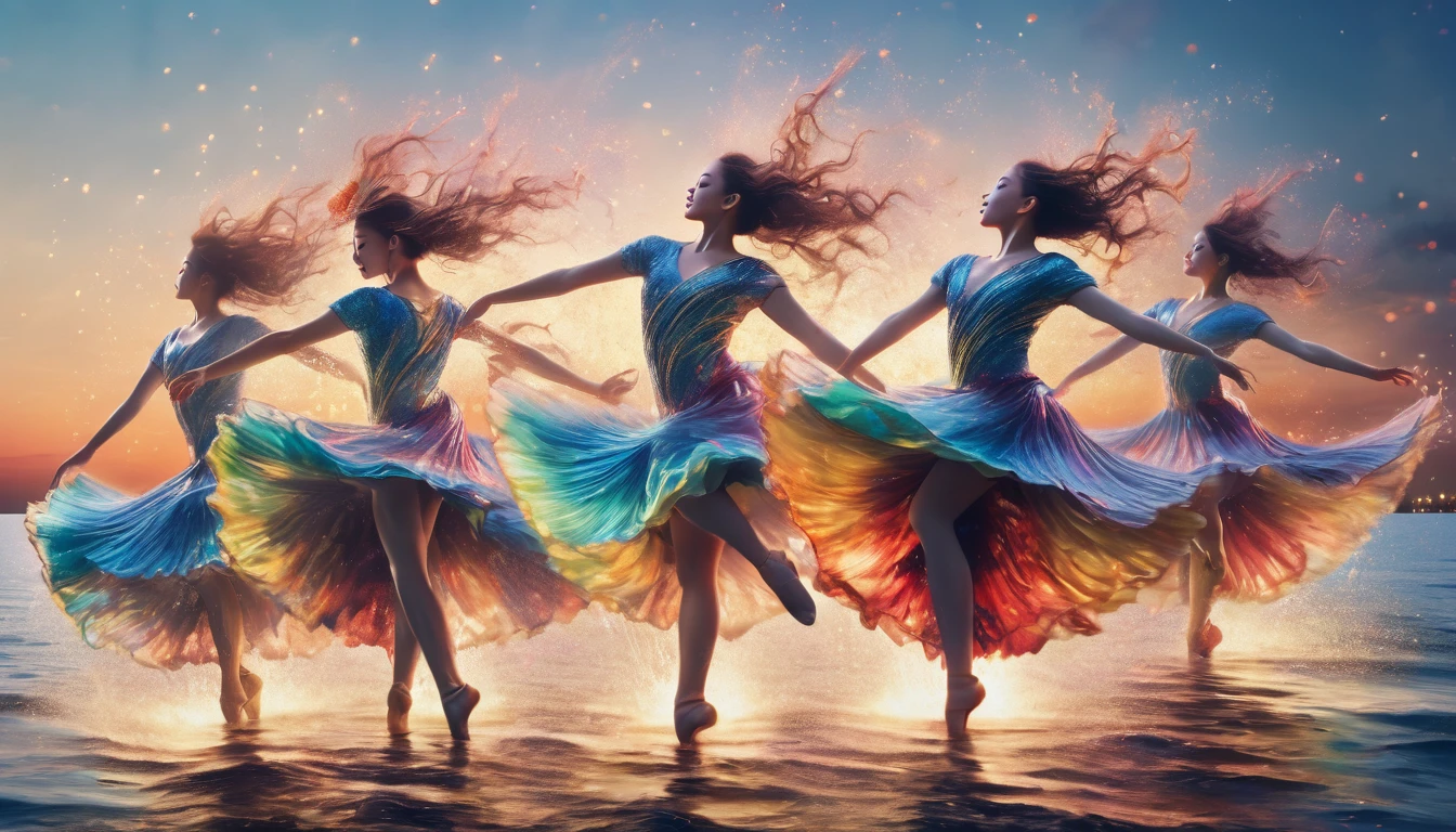 (Highest quality,4K,8K,High resolution,masterpiece:1.2),Super detailed,(Realistic,photoRealistic,photo-Realistic:1.37),Vibrant colors,Sharp focus,Bokeh,Studio Lighting,Physically Based Rendering,Very detailed explanation,Professional,Portraiture,Landscape: People dancing on the sea surface々, Multicolored spotlights illuminate the scene, Beautiful reflections on the water surface. The waves gently lap at their feet, Adding dynamic elements to a configuration. The graceful movements of the dancers、They spin and jump around, creating fascinating patterns.。. Their bodies are overflowing with energy and joy., Every pose and gesture was captured. The outfits they wear add to the visual appeal, Vibrant colorsと目を引く精巧なディテール. The surrounding landscape, Endless water and a distant horizon, Provides a stunning backdrop for your performance. The atmosphere is filled with excitement and musical rhythm., Create an immersive experience for your audience. The lighting accentuates the dancers' features., Emphasize facial expressions、Add depth to your images. The overall quality of the artwork is very high, with attention to every minute detail and a Realistic rendering of the human form. This masterpiece captures the essence of both the dance and the sea, combining Vibrant colors, Sharp focus, and Bokeh effects to create a visually stunning piece of art.