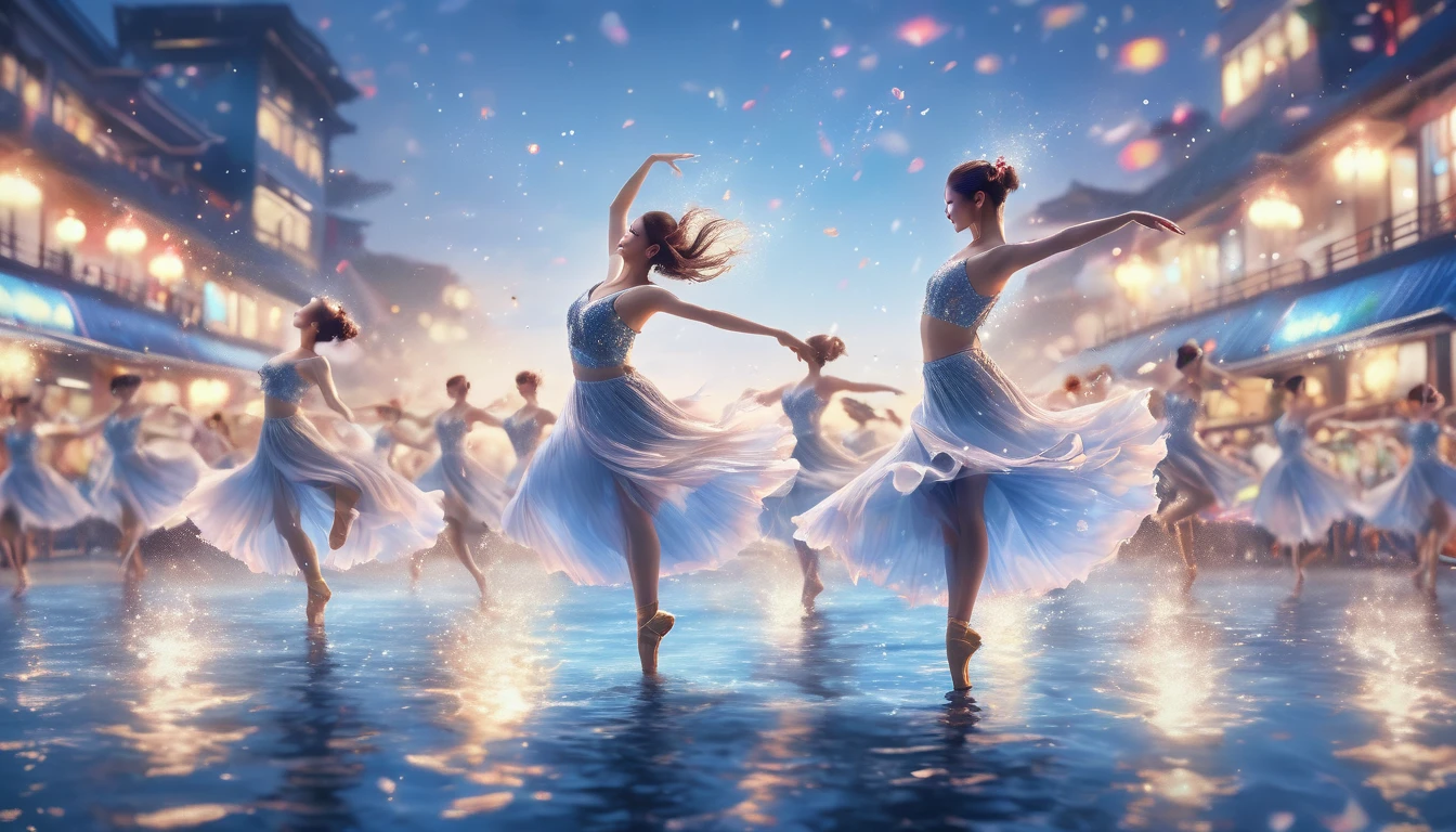 (Highest quality,4K,8K,High resolution,masterpiece:1.2),Super detailed,(Realistic,photoRealistic,photo-Realistic:1.37),Vibrant colors,Sharp focus,Bokeh,Studio Lighting,Physically Based Rendering,Very detailed explanation,Professional,Portraiture,Landscape: People dancing on the sea surface々, Multicolored spotlights illuminate the scene, Beautiful reflections on the water surface. The waves gently lap at their feet, Adding dynamic elements to a configuration. The graceful movements of the dancers、They spin and jump around, creating fascinating patterns.。. Their bodies are overflowing with energy and joy., Every pose and gesture was captured. The outfits they wear add to the visual appeal, Vibrant colorsと目を引く精巧なディテール. The surrounding landscape, Endless water and a distant horizon, Provides a stunning backdrop for your performance. The atmosphere is filled with excitement and musical rhythm., Create an immersive experience for your audience. The lighting accentuates the dancers&#39; features., Emphasize facial expressions、Add depth to your images. The overall quality of the artwork is very high, with attention to every minute detail and a Realistic rendering of the human form. This masterpiece captures the essence of both the dance and the sea, combining Vibrant colors, Sharp focus, and Bokeh effects to create a visually stunning piece of art.