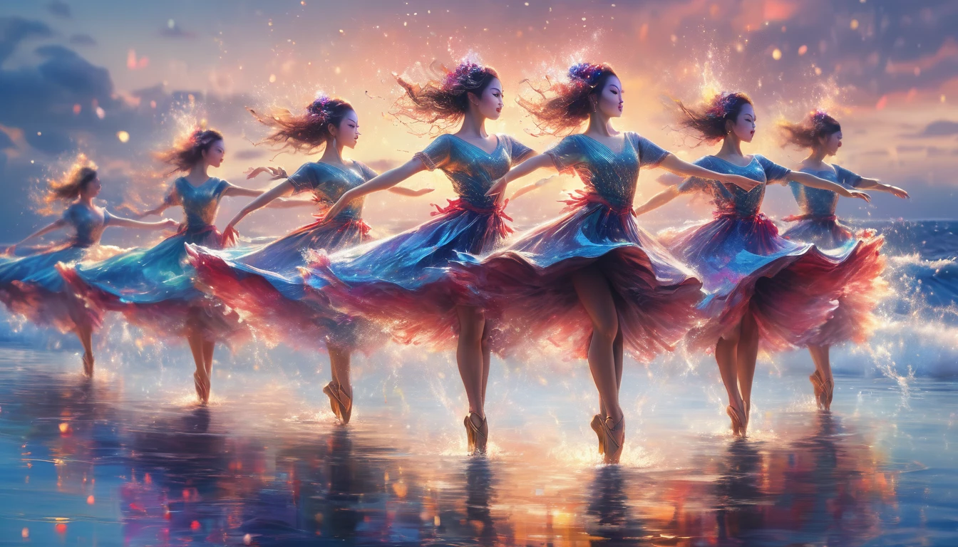 (Highest quality,4K,8K,High resolution,masterpiece:1.2),Super detailed,(Realistic,photoRealistic,photo-Realistic:1.37),Vibrant colors,Sharp focus,Bokeh,Studio Lighting,Physically Based Rendering,Very detailed explanation,Professional,Portraiture,Landscape: People dancing on the sea surface々, Multicolored spotlights illuminate the scene, Beautiful reflections on the water surface. The waves gently lap at their feet, Adding dynamic elements to a configuration. The graceful movements of the dancers、They spin and jump around, creating fascinating patterns.。. Their bodies are overflowing with energy and joy., Every pose and gesture was captured. The outfits they wear add to the visual appeal, Vibrant colorsと目を引く精巧なディテール. The surrounding landscape, Endless water and a distant horizon, Provides a stunning backdrop for your performance. The atmosphere is filled with excitement and musical rhythm., Create an immersive experience for your audience. The lighting accentuates the dancers&#39; features., Emphasize facial expressions、Add depth to your images. The overall quality of the artwork is very high, with attention to every minute detail and a Realistic rendering of the human form. This masterpiece captures the essence of both the dance and the sea, combining Vibrant colors, Sharp focus, and Bokeh effects to create a visually stunning piece of art.