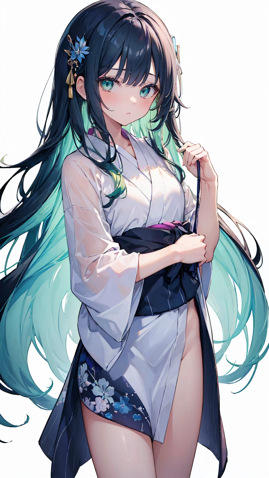 (masterpiece, best quality, High resolution:1.4), wallpaper, whole body, 1 girl, long hair, (blue hair:1.0), (black hair:1.0), Green eyes, colorful hair, gradient hair, Small chest, facing sideways, yukata , Host a  Popper, night, hairpin, Bangs,