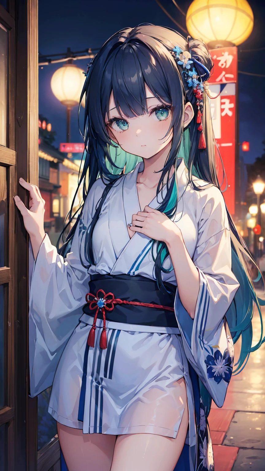 (masterpiece, best quality, High resolution:1.4), wallpaper, whole body, 1 girl, long hair, (blue hair:1.0), (black hair:1.0), Green eyes, colorful hair, gradient hair, Small chest, facing sideways, yukata , Host a Popper, night, hairpin, Bangs,