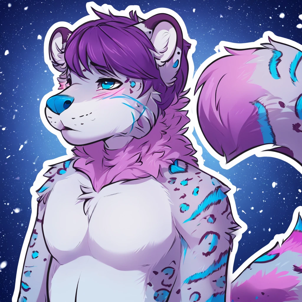 adult, feline, mammal, anthro, anthropomorphic, snow_leopard, striped, fur, striped_feline, fur, furred_anthro, femboy, male, light_pink, purple_hair, purple_hair fluffy, long_tail, blue_nose, expressive eyes, feline_ears, purple_hair, blue_fur, light_blue_chest, shy, small_pupils, spotted_pattern, stripes, digital_art, high_resolution, high_res, hand-drawn, pencil_lines, head_visible, background, neck_visible, seductive_face, blue_galaxy_background, white_outline, detailed_line_work, profile_picture, head_visible,