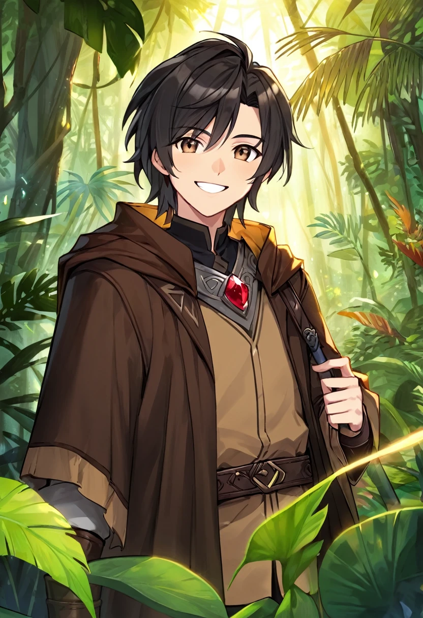 man, dnd, adventurer, brown cloak,black hair ,jungle , sun light, warm smile