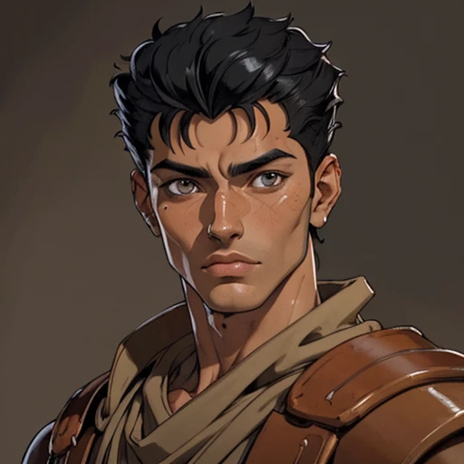 (masterpiece), (best quality),(portrait),(bust up),1boy,solo,(sharp focus),((look at viewer)),perfect eyes,tanned skin,(black hair),adult, (ancient:1),ancient luxurious long clothes,old school fantasy art,((simple background)),super shiny face,Ultra Glossy Skin,guts \(berserk\),(in jedioutfit),(Beige outfit:1.0),(black outfit:0.2)
