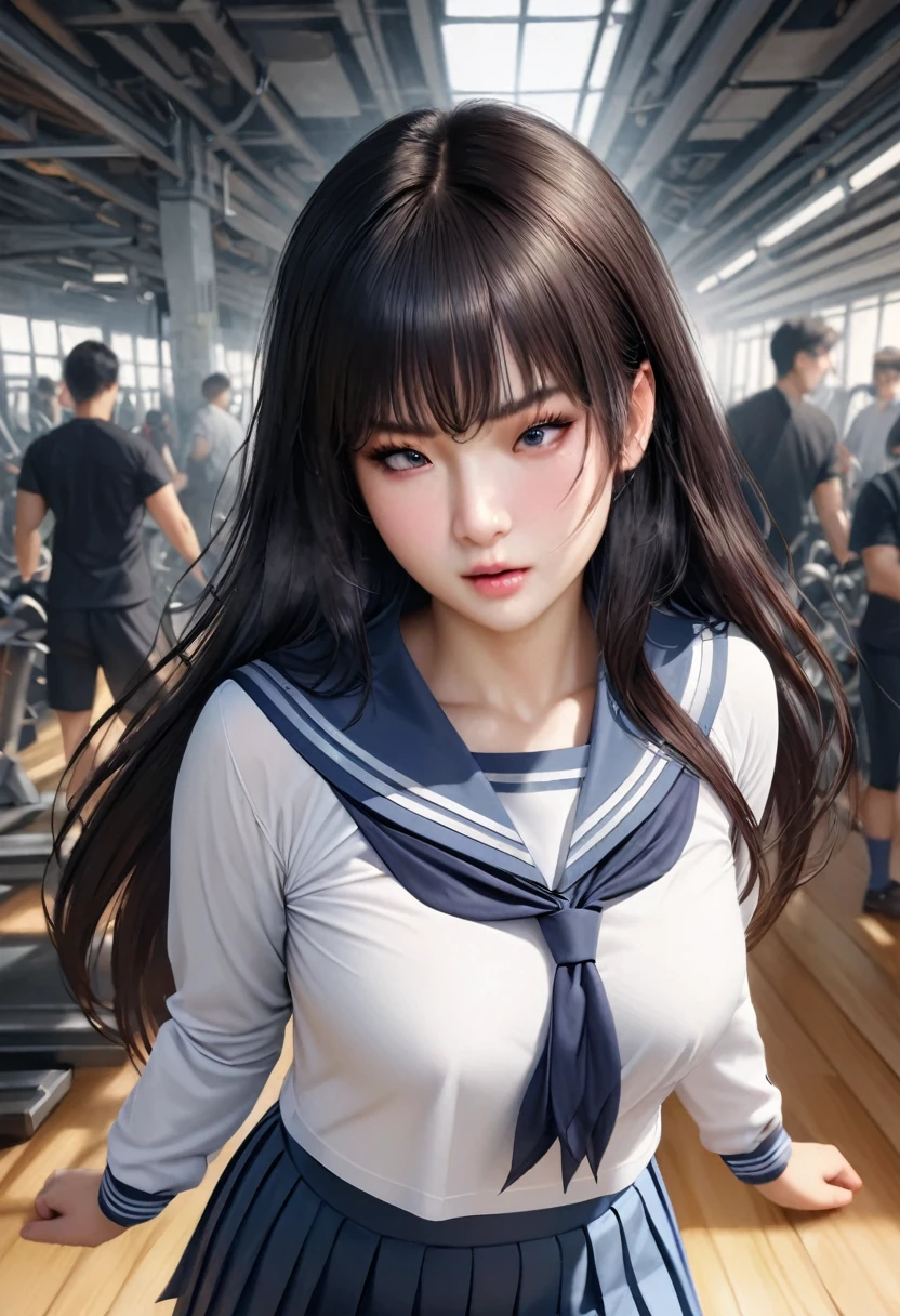 animetoreal,soft light, masterpiece, best quality,realistic,photorealistic,1girl,,akebi_komichi, akebi-chan_no_serafuku, 1girl, black_hair, long_hair, hair_behind_ear,blue_sailor_collar, blue_skirt, pleated_skirt, blue_socks, long_sleeves, brown_footwear, loafers,nipple_stimulation,in gym,floating_clothes