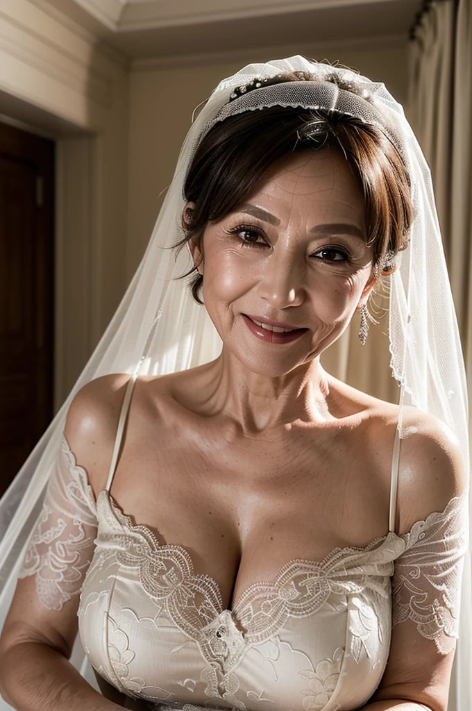 (masterpiece:1.4),(67-year-old woman:1.5), beautiful Mature Woman, (facial wrinkles : 1.2), smile, (short hair : 1.1), (white laced wedding dress), wedding veil, lace fabric, (large saggy breasts), (wide sturdy shoulder), (plump upper arms), pores, dull skin, skin blemishes, fleckled skin, luxury hotel room, detailed background