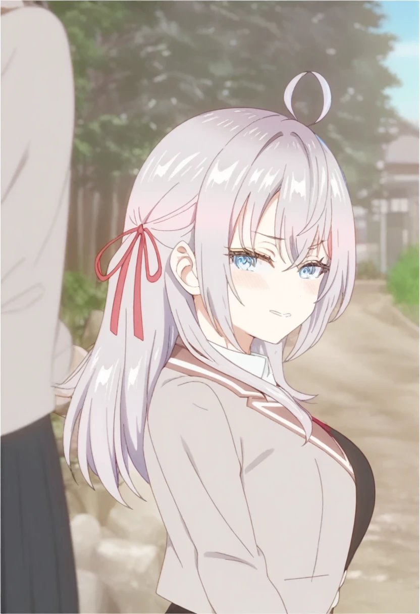 1girl, alisa mikhailovna kujou,tokidoki bosotto roshia-go de dereru tonari no arya-san,solo, long hair, eyebrows visible through hair, hair between eyes, silver hair, hair ribbon, blue eyes, medium breasts, ((neko ears)),
from behind, portrait, looking to the side, grin, outdoors, closed mouth,
best quality, very aesthetic, absurdres