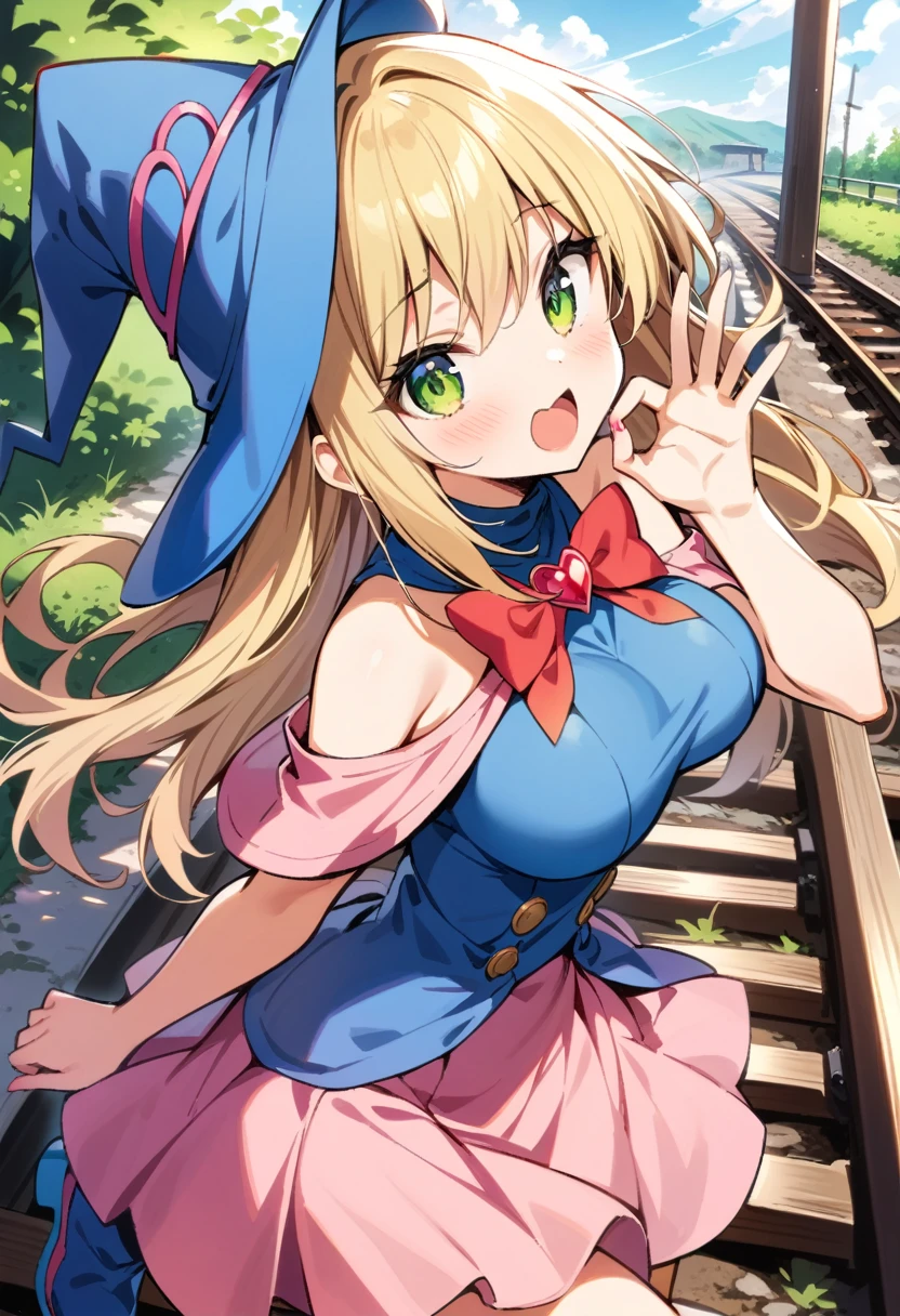 masterpiece, best quality, very aesthetic, absurdres,1girl, ,dark_magician_girl, yu-gi-oh!, 1girl, bare_shoulders, blonde_hair, green_eyes, large_breasts, long_hair, witch_hat, off_shoulder, blue_dress, capelet, blue_footwear, blue_hat, boots, pink_capelet, pink_skirt, skirt, ,open_mouth,fellatio_gesture,FellatioGesture,heart-shaped eyes,upper body,,by the railway,floating_hair