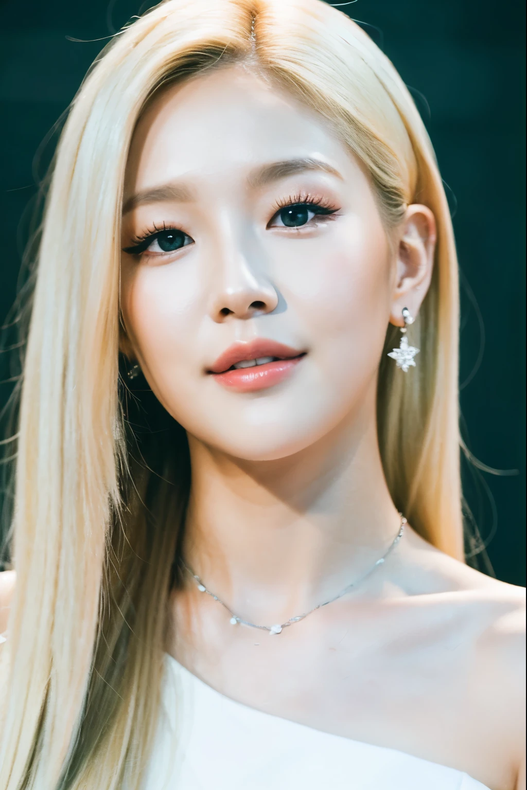 a close up of a woman with long blonde hair and a white dress, roseanne park of blackpink, portrait of jossi of blackpink, portrait jisoo blackpink, jossi of blackpink, popular south korean makeup, popular korean makeup, jisoo of blackpink, kim doyoung, jisoo from blackpink, white hair color, white skin color, portrait of female korean idol, milky white skin