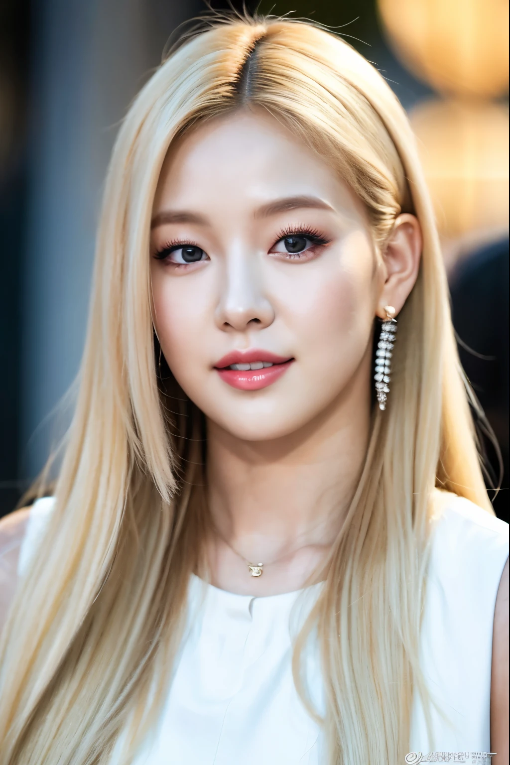 a close up of a woman with long blonde hair and a white dress, roseanne park of blackpink, portrait of jossi of blackpink, portrait jisoo blackpink, jossi of blackpink, popular south korean makeup, popular korean makeup, jisoo of blackpink, kim doyoung, jisoo from blackpink, white hair color, white skin color, portrait of female korean idol, milky white skin
