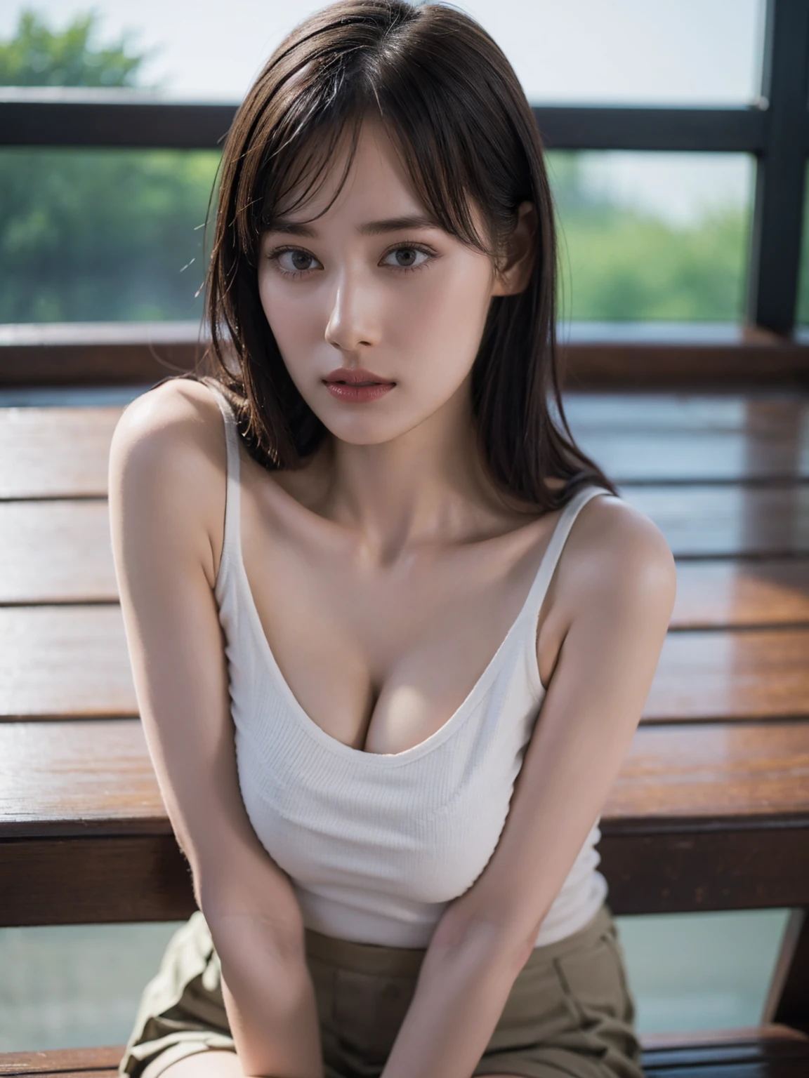 1girl, woman, masterpiece, best quality, highest quality, cinematic lighting, (volumetric lighting), extremely detailed CG unity 8k wallpaper, focused, 8k wallpaper, extremely detailed, ultra realistic, photorealistic, sharp focus, absurdres, (HDR:1.2), (high contrast), photograph, detailed and intricate, instagram, portrait, highly detailed, digital painting, artstation, concept art, smooth, sharp focus, illustration, cinematic lighting, (big breast:1.2), (whole body:1.2), knit strap tank top, sitting on a bench and crossed legs, show thighs, mini skirt, ((full body)), looking at the viewer.