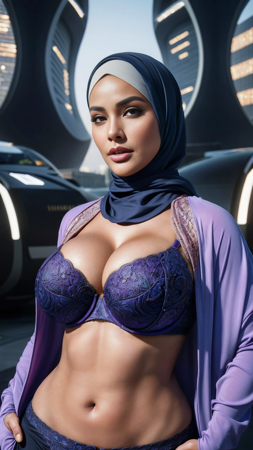 A half body of woman in a light colourful hijab posing for a perfect loop lighting photoshoot, light colourful bra, lacey, posing in bra, gorgeous woman, cleavage, wavy lingeries, angela white, jaw-dropping beauty, wearing bra, (cinematic realistic Futuristic Architecture background behind her), curvy model, sexy push up bras, attractive girl, (((big breasts))), busty, with large breasts, attractive woman, jaw dropping beauty, (((big body shape))), ((Futuristic Architecture)), ((wearing a hijab)), (dramatic lighting), (sharp focus), (intricate), fashion, realistic skin texture, (( perfect anatomy)), ((detailed face:1.2)), ((detailed facial features)), (finely detailed skin), masterpiece), (perfect proportion), (realistic photo), (best quality: 1.6), (detailed),