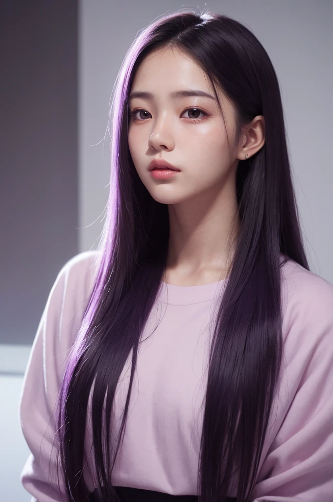 20 year old girl, purple theme, long hair, high contrast (Natural skin texture, Hyperrealism, Soft Light, sharp), portrait, standing, kpop