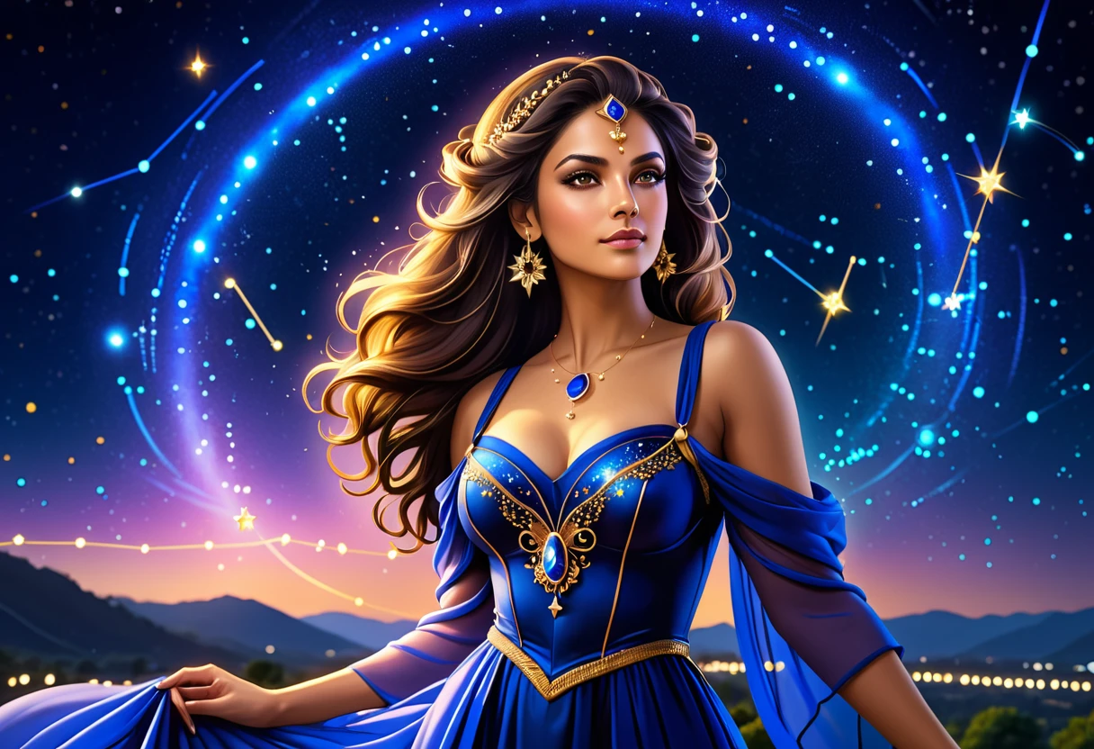 a portrait of an astrologer looking at ((libra constellation: 1.5)) in the night sky, an extraordinary beautiful woman, there is magic in her eyes divining the future from the Libra constellation, dynamic hair color, dynamic hair style, wearing an intricate sapphire dress decorated with glowing stars, she looks to the night sky seeing the ((Libra constellation in the sky: 1.3)), vibrant, Ultra-high resolution, High Contrast, (masterpiece:1.5), highest quality, Best aesthetics), best details, best quality, highres, 16k, [ultra detailed], masterpiece, best quality, (extremely detailed), Cinematic Hollywood Film, magical sky, FireMagicAI