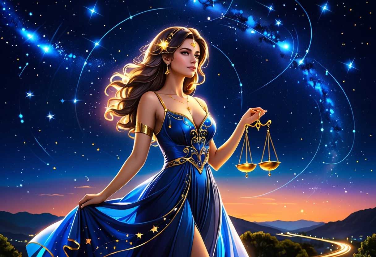 a portrait of an astrologer looking at ((libra constellation: 1.5)) in the night sky, an extraordinary beautiful woman, there is magic in her eyes divining the future from the Libra constellation, dynamic hair color, dynamic hair style, wearing an intricate sapphire dress decorated with glowing stars, she looks to the night sky seeing the ((Libra constellation in the sky: 1.3)), vibrant, Ultra-high resolution, High Contrast, (masterpiece:1.5), highest quality, Best aesthetics), best details, best quality, highres, 16k, [ultra detailed], masterpiece, best quality, (extremely detailed), Cinematic Hollywood Film, magical sky, FireMagicAI