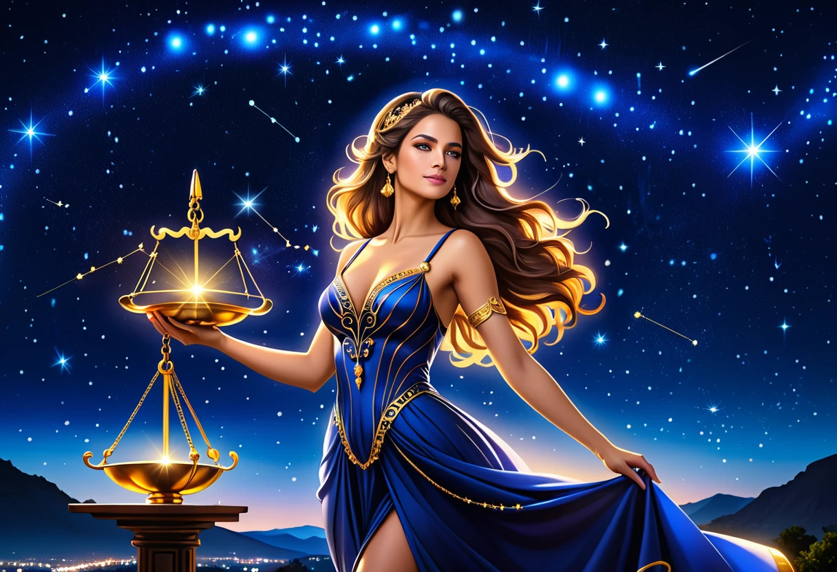 a portrait of an astrologer looking at ((libra constellation: 1.5)) in the night sky, an extraordinary beautiful woman, there is magic in her eyes divining the future from the Libra constellation, dynamic hair color, dynamic hair style, wearing an intricate sapphire dress decorated with glowing stars, she looks to the night sky seeing the ((Libra constellation in the sky: 1.3)), vibrant, Ultra-high resolution, High Contrast, (masterpiece:1.5), highest quality, Best aesthetics), best details, best quality, highres, 16k, [ultra detailed], masterpiece, best quality, (extremely detailed), Cinematic Hollywood Film, magical sky, FireMagicAI