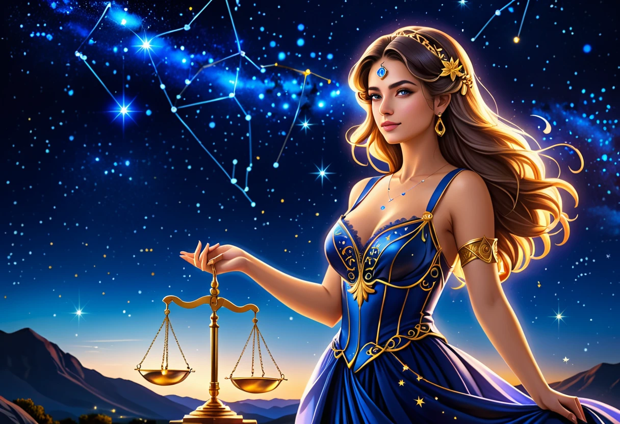 a portrait of an astrologer looking at ((libra constellation: 1.5)) in the night sky, an extraordinary beautiful woman, there is magic in her eyes divining the future from the Libra constellation, dynamic hair color, dynamic hair style, wearing an intricate sapphire dress decorated with glowing stars, she looks to the night sky seeing the ((Libra constellation in the sky: 1.3)), vibrant, Ultra-high resolution, High Contrast, (masterpiece:1.5), highest quality, Best aesthetics), best details, best quality, highres, 16k, [ultra detailed], masterpiece, best quality, (extremely detailed), Cinematic Hollywood Film, magical sky, FireMagicAI