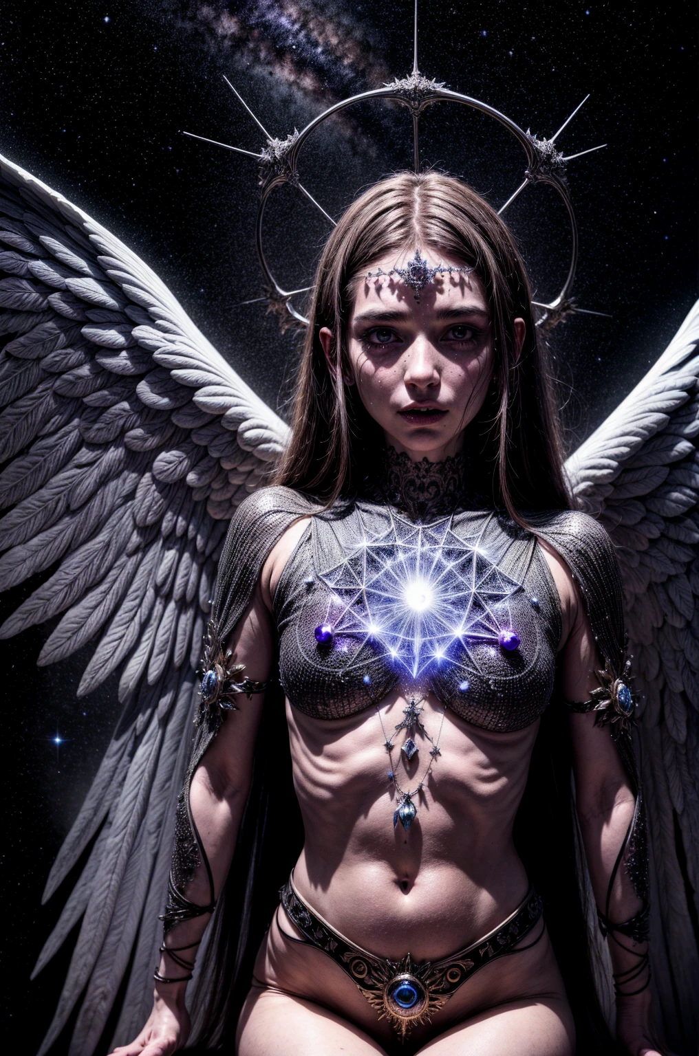 (Masterpiece), (Best Quality: 1.4), absurdities, [:intricate details:0.2],witch, angel wings, milky way, sky, bright aura, intense focus, crackling energy, mysterious symbols, bright specks,Paticulas,many details