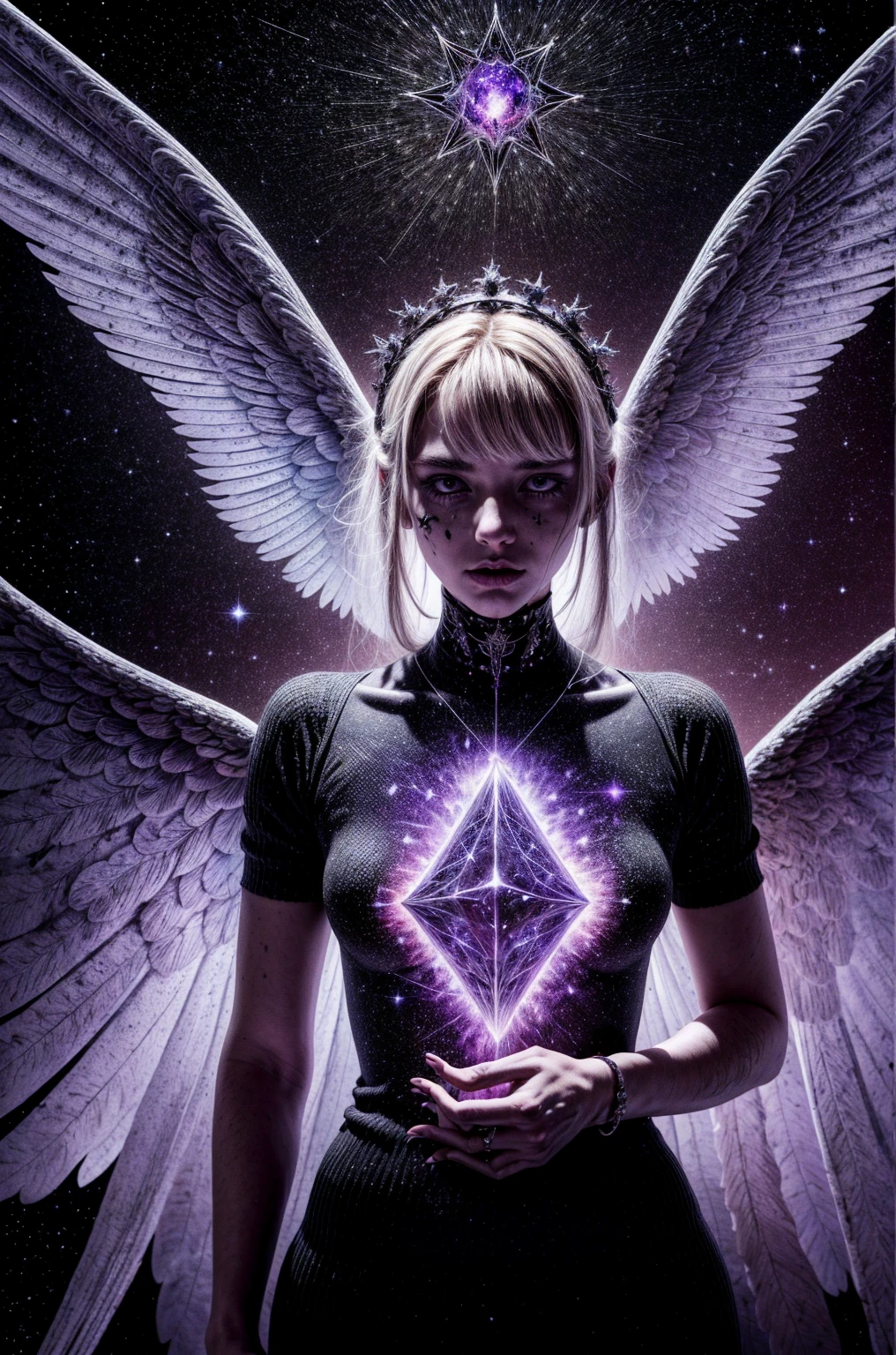 (Masterpiece), (Best Quality: 1.4), absurdities, [:intricate details:0.2],witch, angel wings, milky way, sky, bright aura, intense focus, crackling energy, mysterious symbols, bright specks,Paticulas,many details