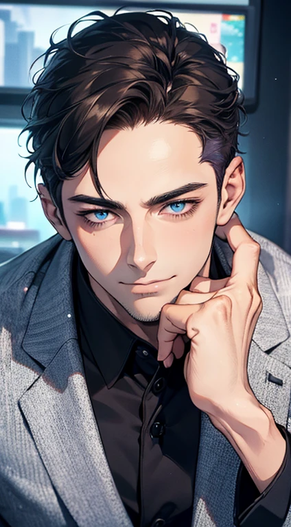 (best quality,4k,8k,highres,masterpiece:1.2),ultra-detailed,(realistic,photorealistic,photo-realistic:1.37),1 man,31 years old,mature man,very handsome,without expression,smile,short blue back hair,blue eyes,penetrating gaze,perfect face without errors,imposing posture,businessman,office background,cinematic lighting,hdr image