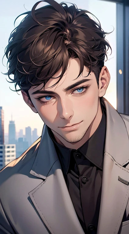 (best quality,4k,8k,highres,masterpiece:1.2),ultra-detailed,(realistic,photorealistic,photo-realistic:1.37),1 man,31 years old,mature man,very handsome,without expression,smile,short blue back hair,blue eyes,penetrating gaze,perfect face without errors,imposing posture,businessman,office background,cinematic lighting,hdr image