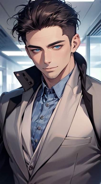 (best quality,4k,8k,highres,masterpiece:1.2),ultra-detailed,(realistic,photorealistic,photo-realistic:1.37),1 man,31 years old,mature man,very handsome,without expression,smile,short blue back hair,blue eyes,penetrating gaze,perfect face without errors,imposing posture,businessman,office background,cinematic lighting,hdr image