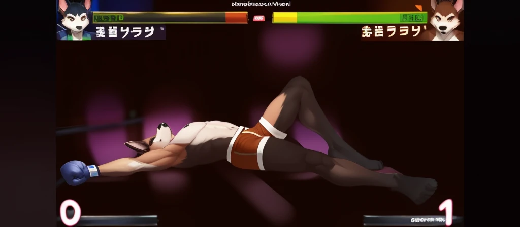 a detailed picture of a boxing match (one male anthros), slim body, slim features, in a boxing ring, Ross Tran, ruan jia, trending on artstation, foxovh, ((terrier dog, reddish-brown fur, green shorts, knocked out on the floor)), from side