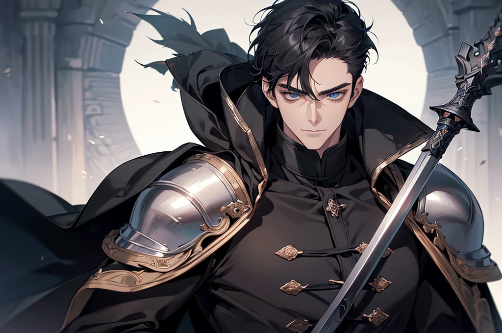 There was a knight up there., Masterpiece, Highest quality, war, cold weather, realistic, 1 person, mature man, A quiet and charming young man., 30 years old, Portrait, Highly detailed face, cool and smile, ((blue eyes)), ((black short hair)), [Thick eyebrows], holding a weapon (Crescent repeater),Lipo,Fang Tian Hua Ji, ((black long coat)), ((all black)), (blue eyes) ,Short Black Quiff Hair with Soft Fringe, handsome , muscle, Facial expressions, black knight armor((Black Armor) ,Fang Tian Hua Ji, black wool shawl(Masterpiece,best quality,special, (Broad shoulders)) (muscle), focus man,holding a spear to pierce the sky, His black spear rose.., . Describe the man.&#39;Appearance., Details of his sword, Characteristics and characteristics of monsters, and convey the tension and power of the encounter..."