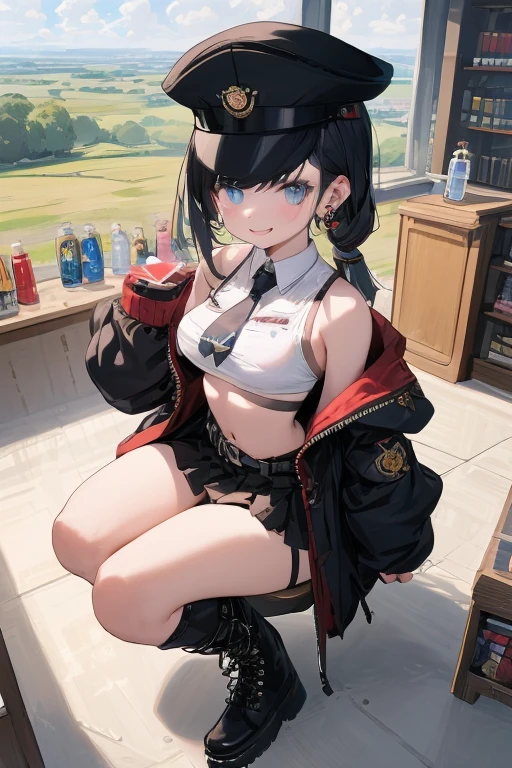 (masterpiece:1.2), (Military uniform magazine cover:1.4),best quality,PIXIV,Sweet girl , sexy posture,1girl, (perky chest:1.2), rolling upskirt by wind:1.6, (with sparkling eyes and a contagious smile),open mouth, (pointed chest:1.2),fishnets, black hair, boots, long hair, black nails, skirt, shirt, solo, black footwear, bag, black skirt, jewelry, jacket, on head, black jacket, thigh strap, bangs, necktie, earrings, nail polish, multicolored hair, looking at viewer, full body, bottle, own hands together, belt, jacket on shoulders, food, cats on head, black necktie, ring, choker, english text, collared shirt, blue eyes, platform boots, hat, lace-up boots ,masterpiece、highest quality、Very detailed、An illustration、Beautiful fine details、One Girl、cute、Detailed landscape、Training Room Background:1.4、Platinum Blonde Hair、Braided Ponytail、Red camisole、((D cup breasts, Tank top showing underboob:1.3))
