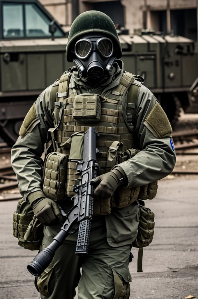 Soldier with a gas mask holding a m4a1