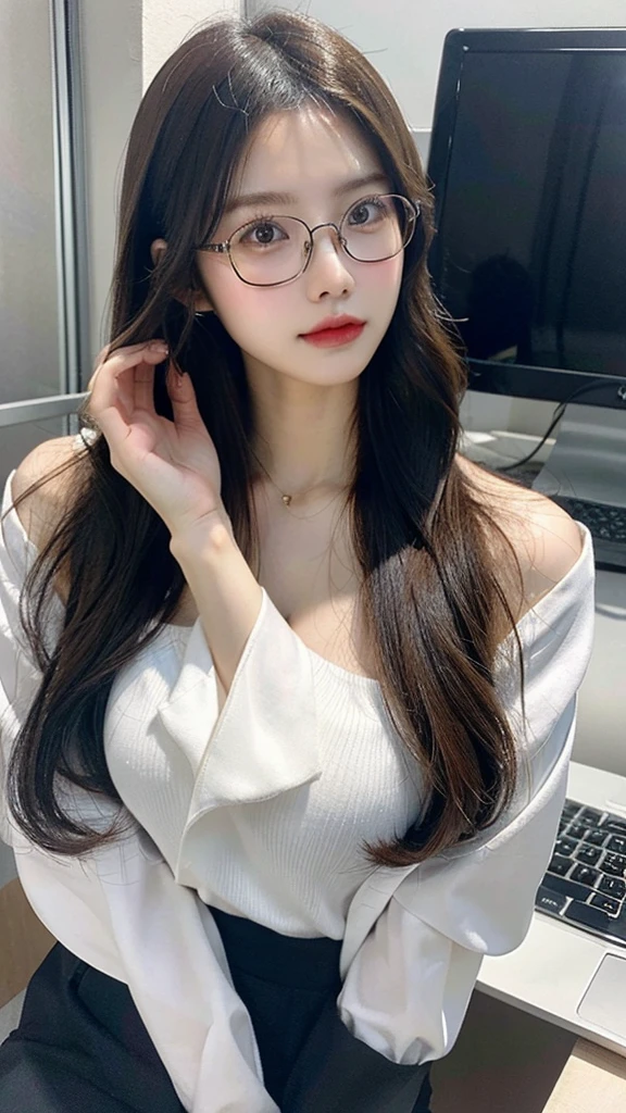 Beautiful body, Beautiful face, big breasts,  long hair, office work, Stylish glasses