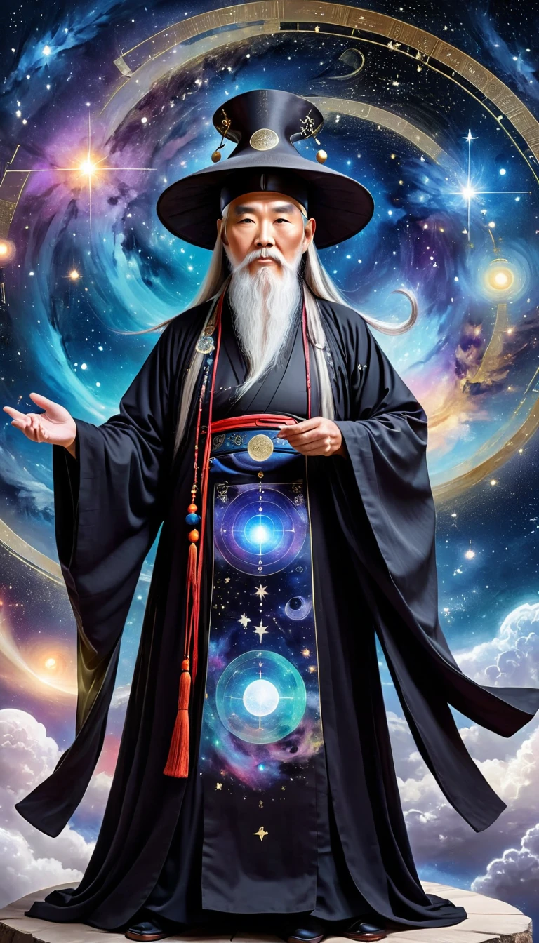 China，China，Oriental Fortune Teller，The old immortal on the top of the stars，Elders，White beard and long white eyebrows，（Wear an official hat，Kongming Hat），Black loose hanfu robe，Looking at the stars，Galaxy Tai Chi Bagua Diagram，artistic conception，large quantities of，Runes，Luminescence，Dream
