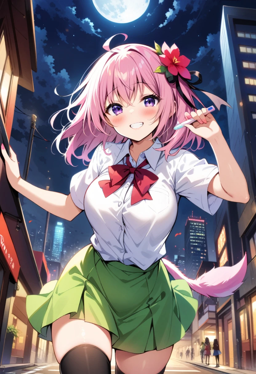 masterpiece, best quality, very aesthetic, absurdres,1girl, ,momo_velia_deviluke, to_love-ru, to_love-ru_darkness,1girl,purple_eyes, pink_hair, short_hair, breasts, demon_tail, green_skirt, hair_flower, hair_ornament, sainan_high_school_uniform, school_uniform, shirt, skirt, tail, tail_fondling, thighhighs, white_shirt, black_thighhighs,,showing a pregnancy test, 1girl, (close-up of face:1.2), blush,smile,grin,,cityscape, leaf, moon, night, night_sky, outdoors, sky, skyscraper,,floating_clothes