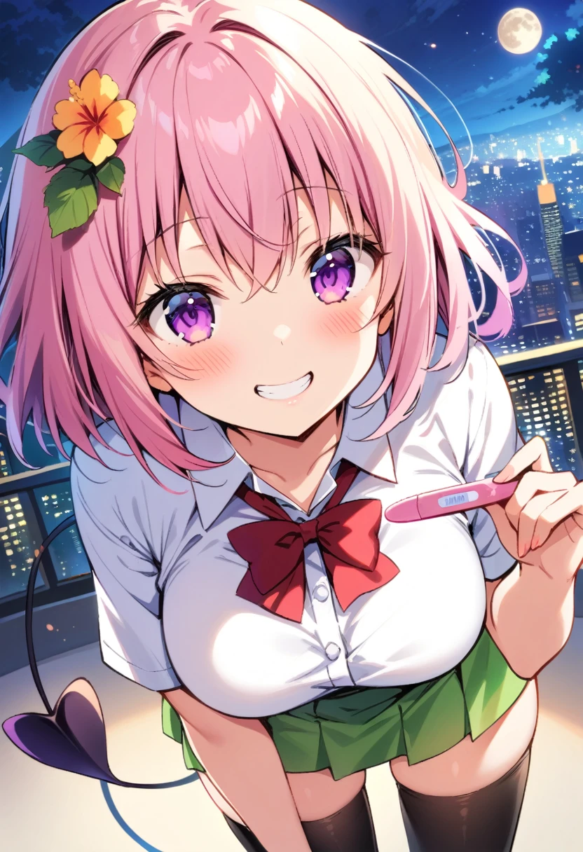 masterpiece, best quality, very aesthetic, absurdres,1girl, ,momo_velia_deviluke, to_love-ru, to_love-ru_darkness,1girl,purple_eyes, pink_hair, short_hair, breasts, demon_tail, green_skirt, hair_flower, hair_ornament, sainan_high_school_uniform, school_uniform, shirt, skirt, tail, tail_fondling, thighhighs, white_shirt, black_thighhighs,,showing a pregnancy test, 1girl, (close-up of face:1.2), blush,smile,grin,,cityscape, leaf, moon, night, night_sky, outdoors, sky, skyscraper,,floating_clothes
